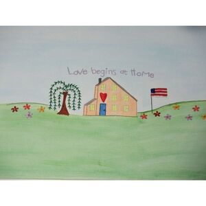 Handmade Painting Canvas Embroidered LOVE BEGINS AT HOME 12 X 24‎ Fast Shipping